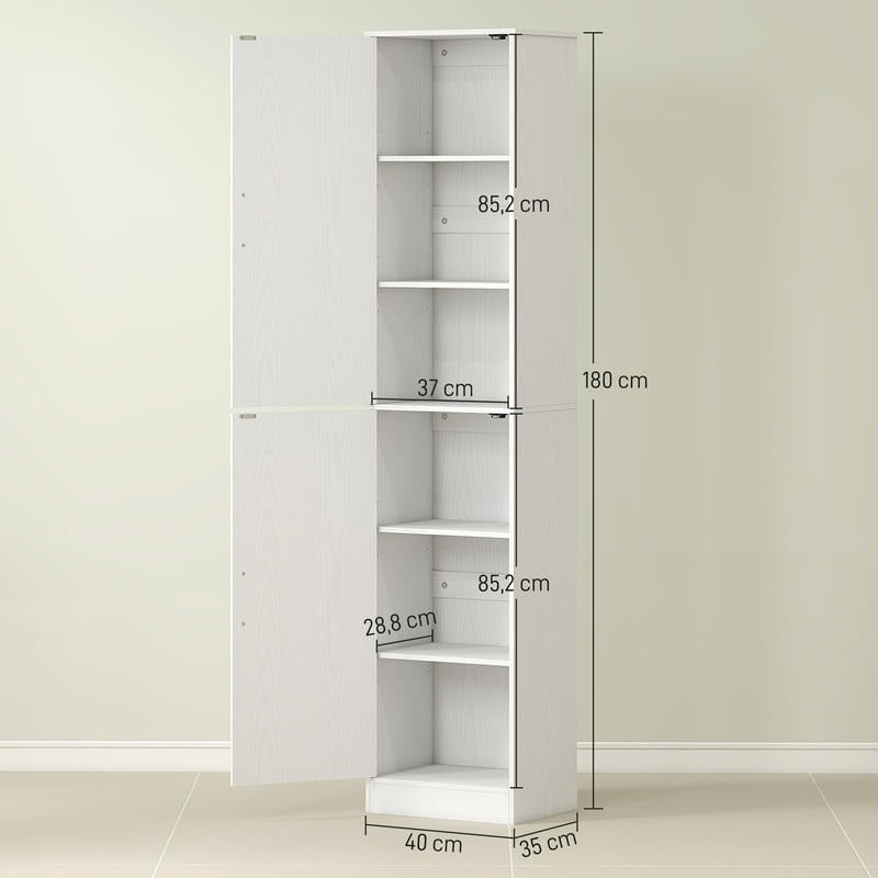Badkast – Opbergkast – Bergkast – Badkamermeubel – Opbergmeubel – 180 cm Hoog – 4 Verstelbare Planken – MDF Wit – Slank Design