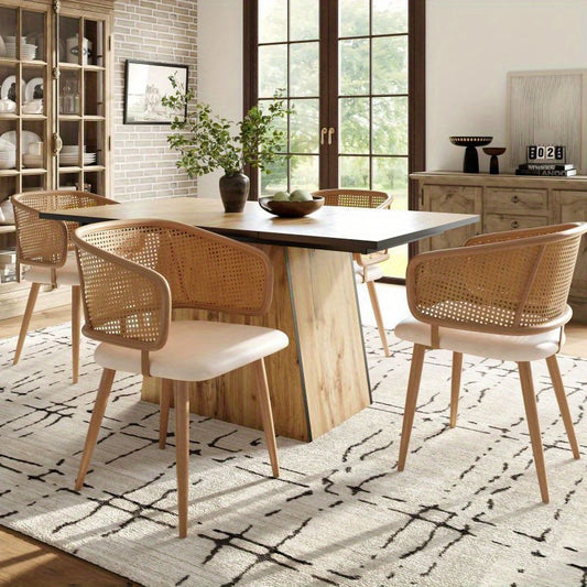 Eettafelset – Eetkamerset – Dinerset – Rattan Stoelenset – 5-Delig Beige Bruin – Uniek Houtnerfdesign – Comfortabele PU-Lederen Kussens