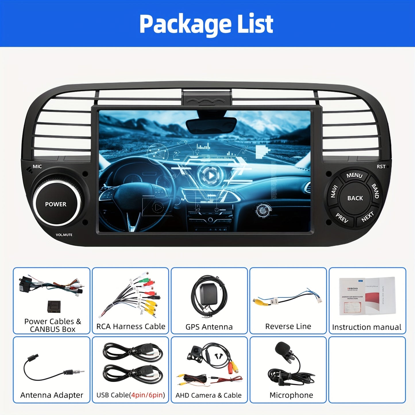 ESSGOO 4G+64G Auto Radio Android 14 Car Stereo Multimedia Player 2 DIN 7 inch/17.78cm HD Screen For Fiat 500 2007-2015 With Wireless Carplayer, Android Auto, WiFi FM RDS USB SWC CANBUS (AHD Camera&Microphone&DVR for optional)