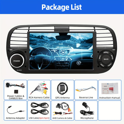 ESSGOO 4G+64G Auto Radio Android 14 Car Stereo Multimedia Player 2 DIN 7 inch/17.78cm HD Screen For Fiat 500 2007-2015 With Wireless Carplayer, Android Auto, WiFi FM RDS USB SWC CANBUS (AHD Camera&Microphone&DVR for optional)
