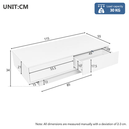 Salontafel – Woonkamertafel – Koffietafel – Bijzettafel – Tafel – Modern Hoogglans Wit – 2 Laden – 115x55x34 cm – Draagkracht 30 kg