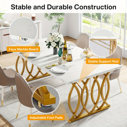 Eettafel – Tafel – Dinertafel – Keukentafel – Dining Table – Grote Witte & Gouden Rechthoekige Eettafel – MDF Marmerlook Blad – Stevig Metalen Frame 81,65 KG draagvermogen