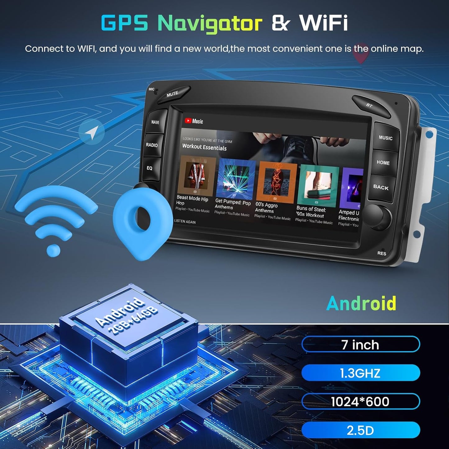 PODOFO for Android 15 Car Stereo with Wireless CarPlay & Android Auto, 7” IPS Touchscreen, 2GB/64GB, Compatible with W168/W203/CLK/C209/W209/SLK/W170/Viano/Vito/Vaneo, GPS, Wireless, WiFi, FM/RDS, Steering Wheel Control, Mi