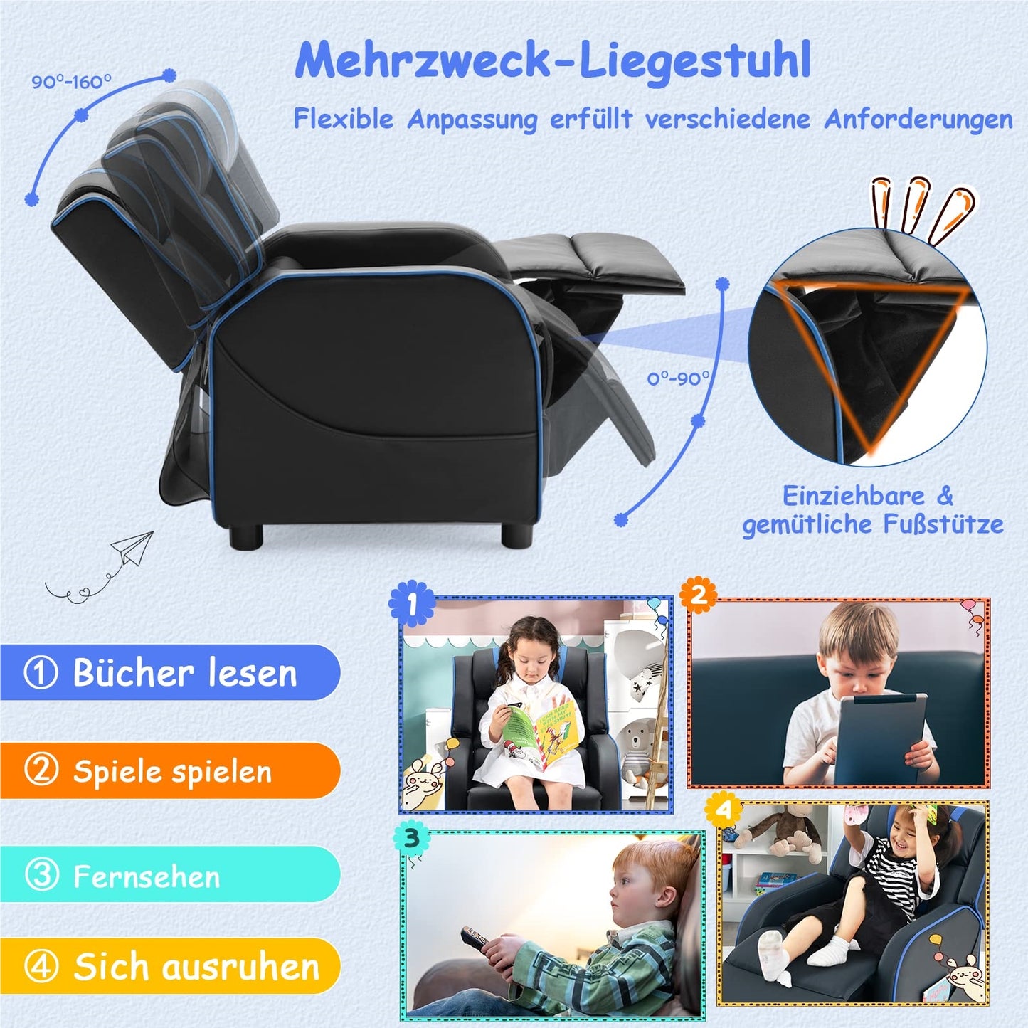 Kinderfauteuil – Kinderstoel – Kinderbank – Kinderzitje – Kindermeubel – Verstelbare Rugleuning en Voetsteun – Kunstleer Blauw 69x53x74 cm