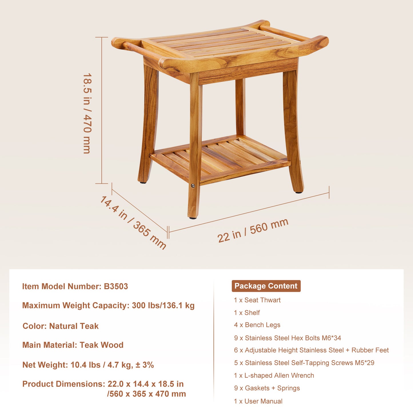Douchebank – Douchezitje – Douchekruk – Badkamerbank – Zitbank – Massief Teak Hout – Waterbestendig Met Antislip Voeten – Draagvermogen Tot 136 Kg