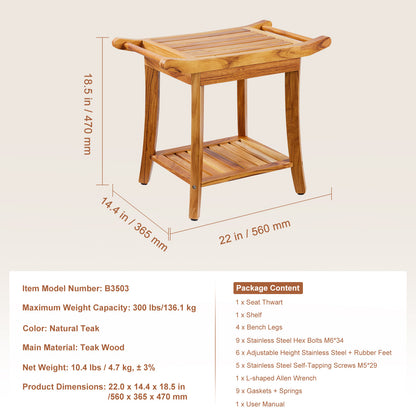 Douchebank – Douchezitje – Douchekruk – Badkamerbank – Zitbank – Massief Teak Hout – Waterbestendig Met Antislip Voeten – Draagvermogen Tot 136 Kg