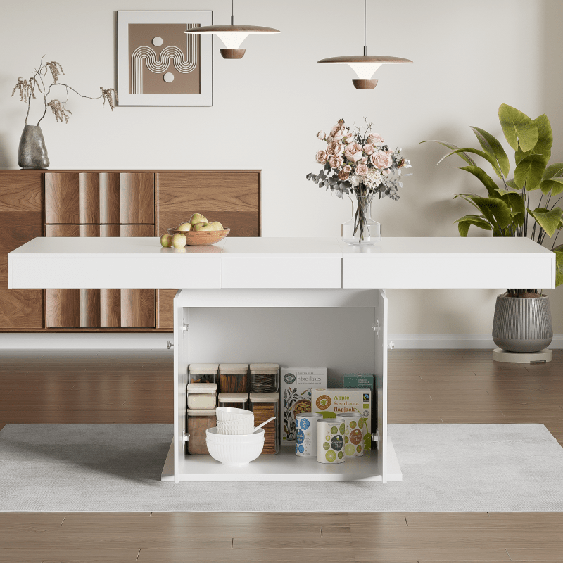 Uitschuifbare Tafel – Eettafel – Uitklapbare Tafel – Verlengbare Tafel – Opbergtafel – Wit Spaanplaat – Automatisch Uitschuifsysteem – Afmetingen 140-180x80x76 cm