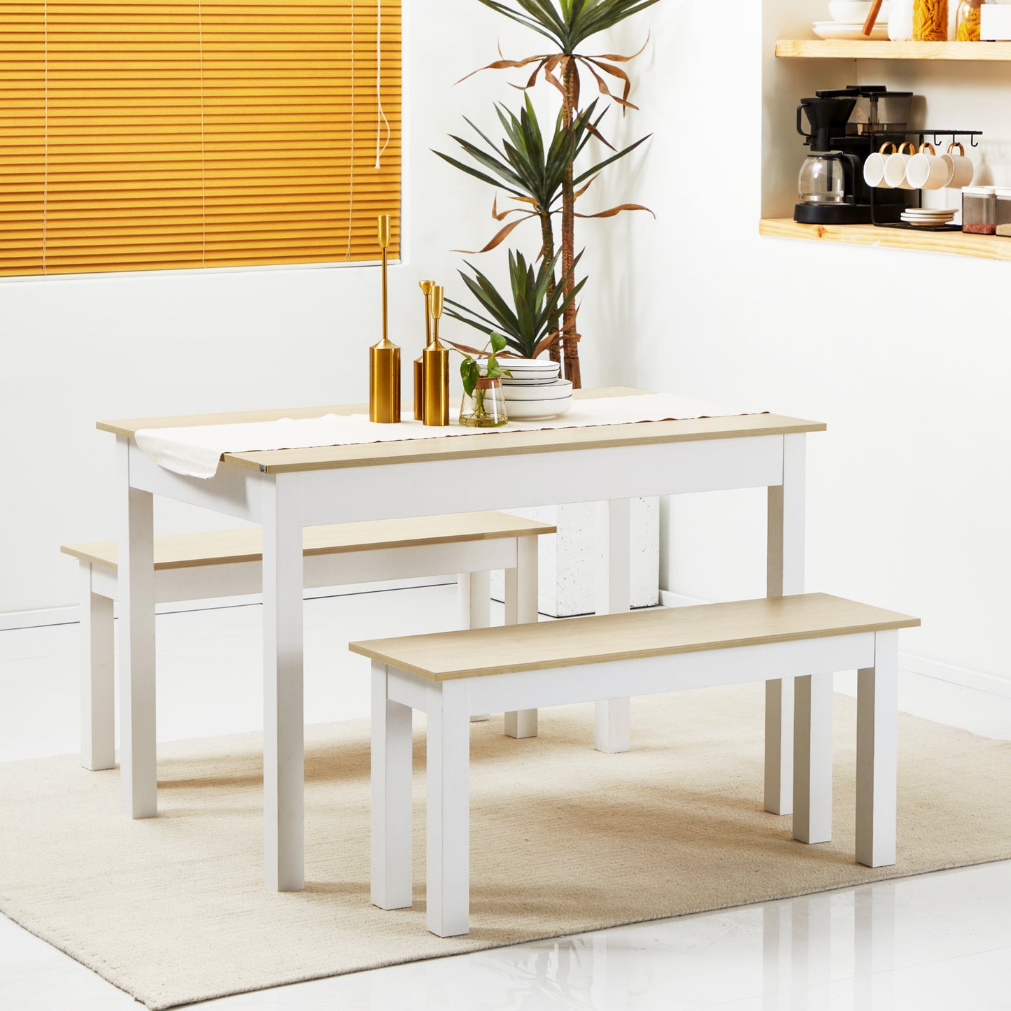 Eettafelset – Tafel Met Banken – Eettafelbank – Keukentafel – Eetkamerset – Houtkleur – Compact Ontwerp – Stevige Spaanplaat – 4-6 Personen