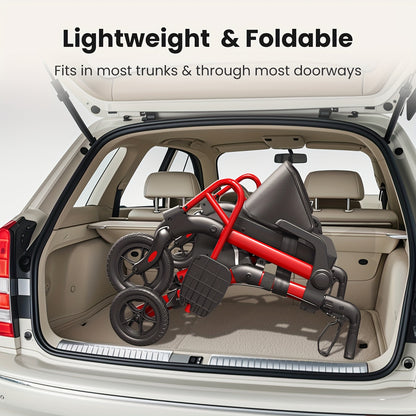 Rollator – Wandelwagen – Looprek – Rolstoel – Loopwagen – 2-in-1 Rollator met Zitje – Lichtgewicht Opvouwbaar Design – Handremmen voor Veiligheid – Rood