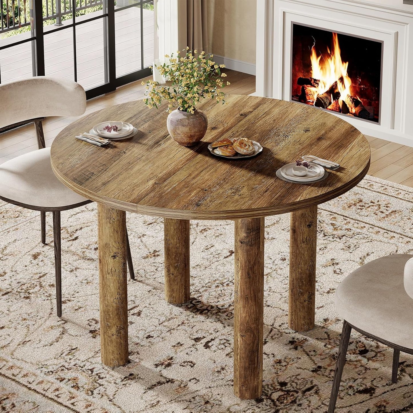 Ronde Eettafel – Eettafel Rond – Keukentafel – Tafel Voor 4 Personen – Landelijke Tafel – 99 cm Diameter – Stevig Geforceerd Hout – Bruine Houtnerfafwerking