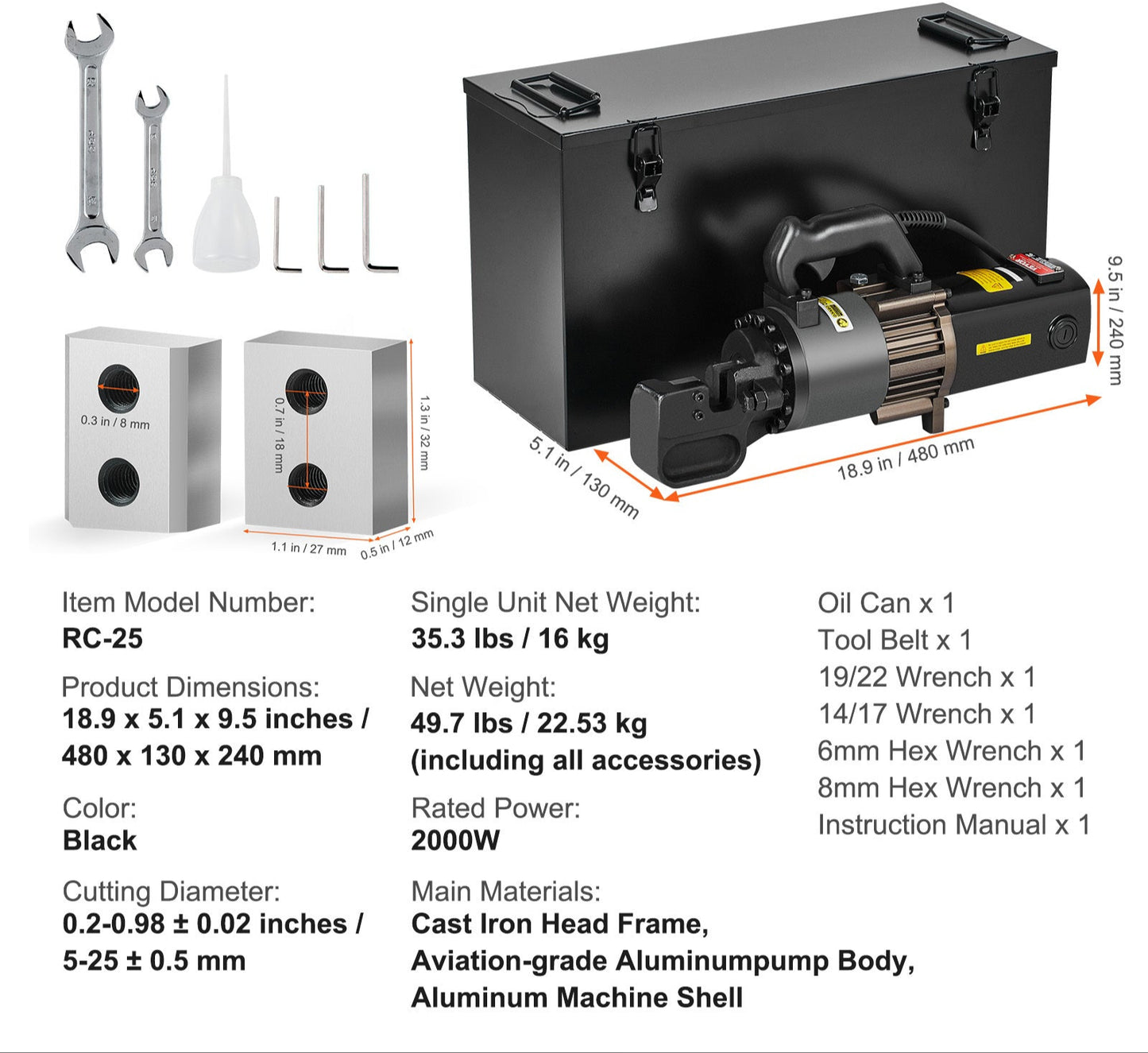 Wapensnijder – Staalstaafknipper – Betonijzersnijder – Hydraulische Knipper – Elektrische Snijder – 2000W Motor – Snijdt Tot 25 mm Dik