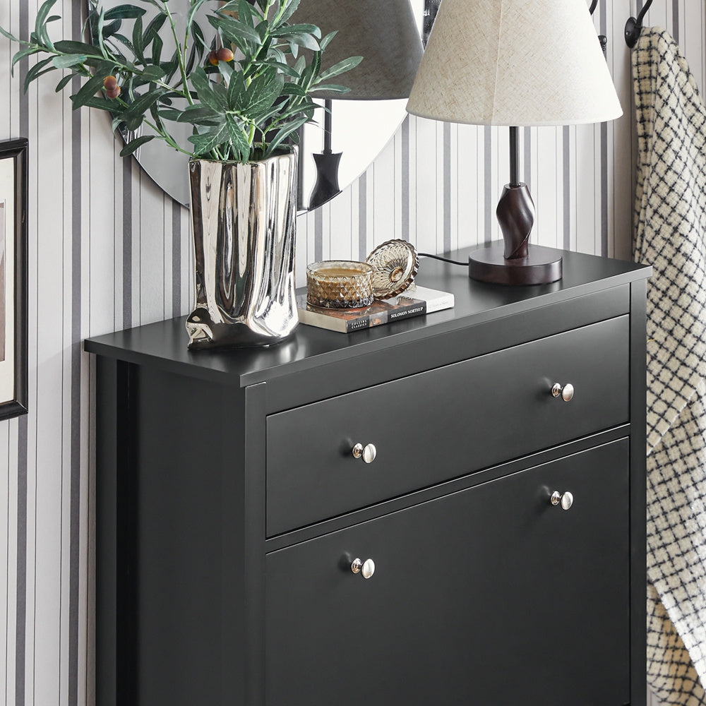 Schoenenkast – Schoenenrek – Schoenenkast – Schoenopberger – Schoenentoren – 2 Kleppen – Ingebouwde Lade – MDF – Slank Ontwerp 80x108x25 cm – Vloerbeschermers – Stijlvolle Metalen Handgrepen