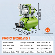 Ondiepe putpomp - Rioolpomp - Tuin waterstraalpomp - 1300W - 230V -  50Hz - 4200 L/u Debiet 50 m Opvoerhoogte - voor irrigatie, wateroverdracht - QUORE