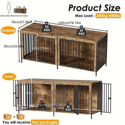 Hondenbench – Hondenkooi – Hondenhuis – Bench Voor Grote Honden – Hondenhok – Houten Bench Met Scheidingswand – 2 Zijdeuren – 200x70x85 cm – Stevig Hout En Metaal