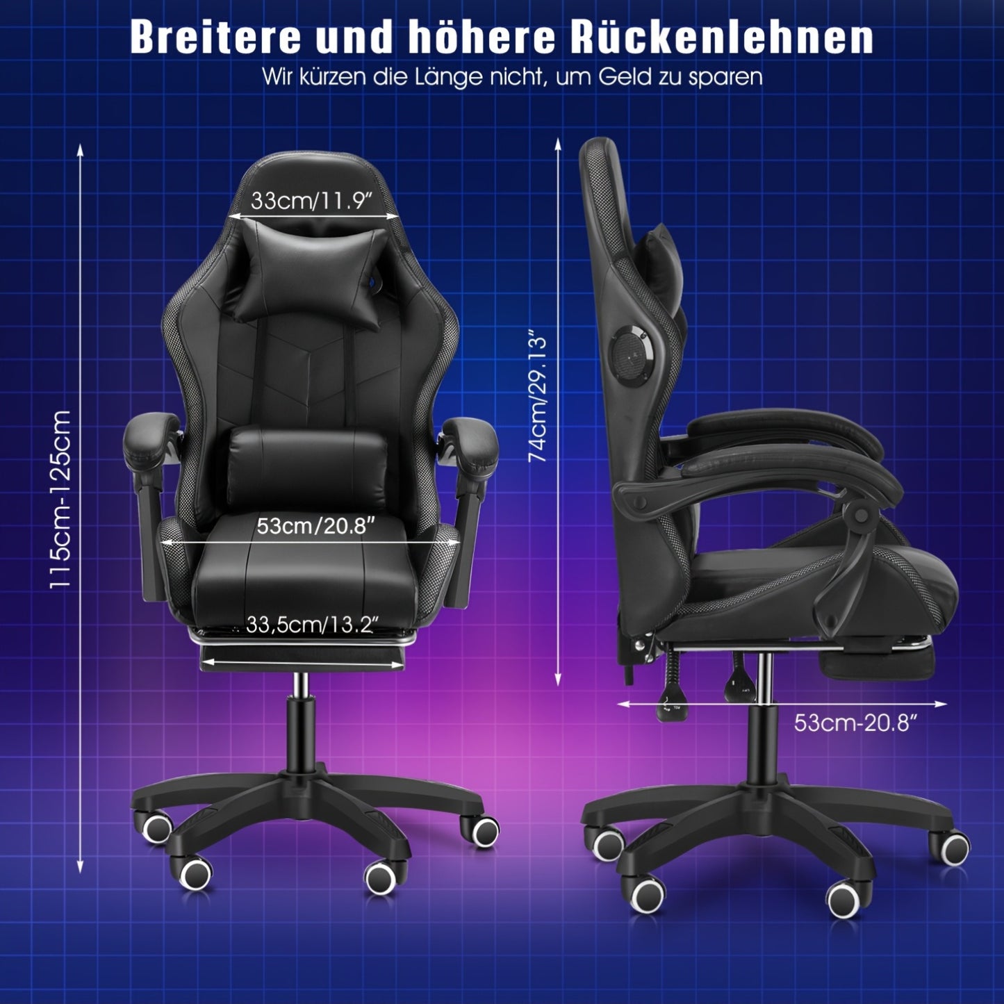 Black RGB Gaming Chair with Linkage Armrests, Foldable Base, Adjustable Height, Reclining Backrest, Footrest Support, Wooden Board Frame & Shaped Foam Cushion, Durable Nylon Base