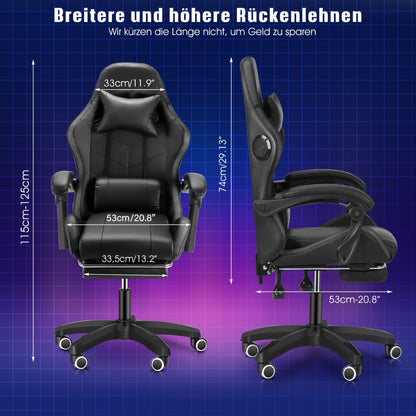 Black RGB Gaming Chair with Linkage Armrests, Foldable Base, Adjustable Height, Reclining Backrest, Footrest Support, Wooden Board Frame & Shaped Foam Cushion, Durable Nylon Base
