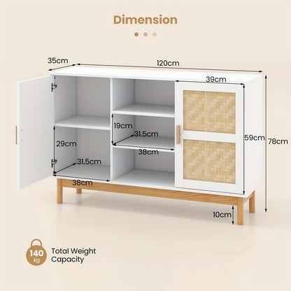 Keukenopbergkast – Dressoir – Buffetkast – Sideboard – Kast – Wit Met Bamboe – 3 Open Planken – 2 Zijdeuren Met Bamboe Vlechtwerk