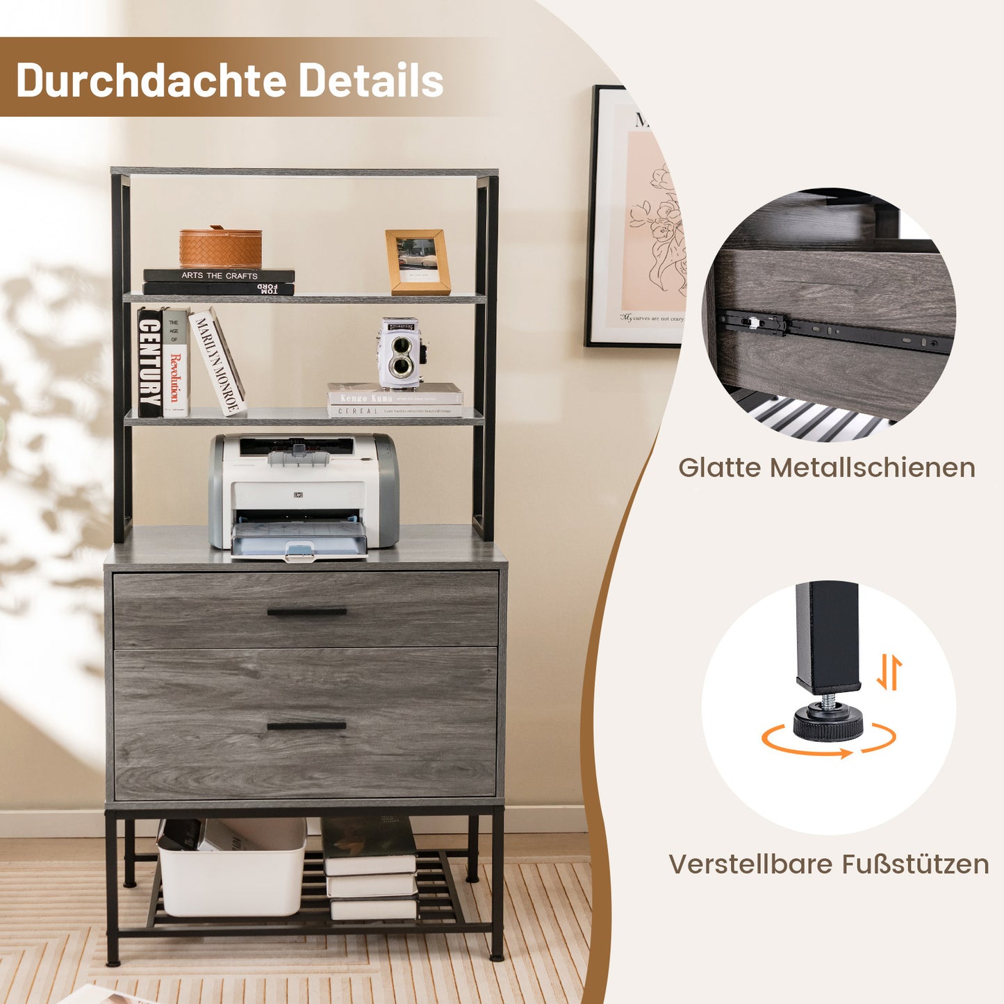 Kantoorkast – Archiefkast – Opbergkast – Boekenkast – Vakkenkast – Industrieel Design – 3 Open Planken & 2 Lades – MDF Met Metaal – 75x40x156 cm – Grijs