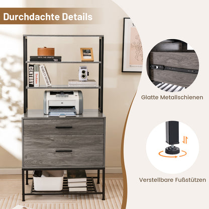 Kantoorkast – Archiefkast – Opbergkast – Boekenkast – Vakkenkast – Industrieel Design – 3 Open Planken & 2 Lades – MDF Met Metaal – 75x40x156 cm – Grijs