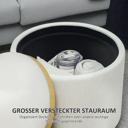 Opbergkruk Ronde Kruk Opbergbox Zitkruk Voetensteun – Crème Wit – Corduroy Stof – MDF Frame – Comfortabele Zitting – Handige Opbergruimte