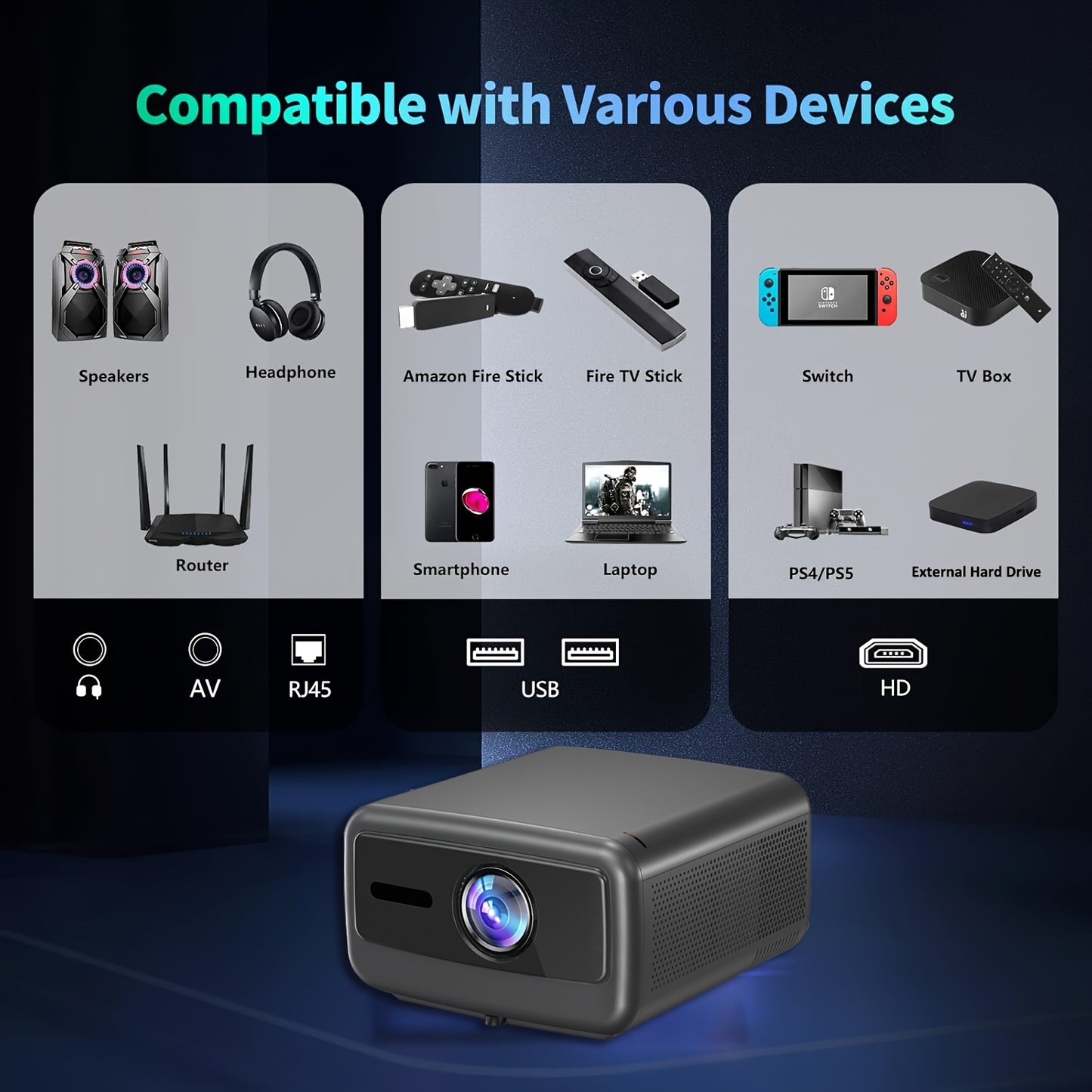 Beamer – Projector – Mini Beamer – Home Cinema – Smart Projector – 3000 Lumen Helderheid – 4K Ondersteuning & Android 12 – Ingebouwde Speakers & WiFi – 16:9 Beeldverhouding – Donkergrijs