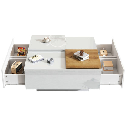 Salontafel – Koffietafel – Woonkamertafel – Bijzettafel – Tafel – Hoogglans Wit – Vierkant – Schuifbaar Tafelblad – Houten Opbergruimte