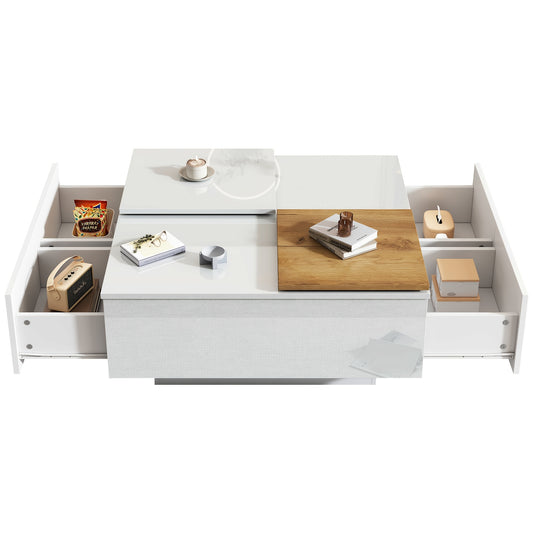 Salontafel – Koffietafel – Woonkamertafel – Bijzettafel – Tafel – Hoogglans Wit – Vierkant – Schuifbaar Tafelblad – Houten Opbergruimte