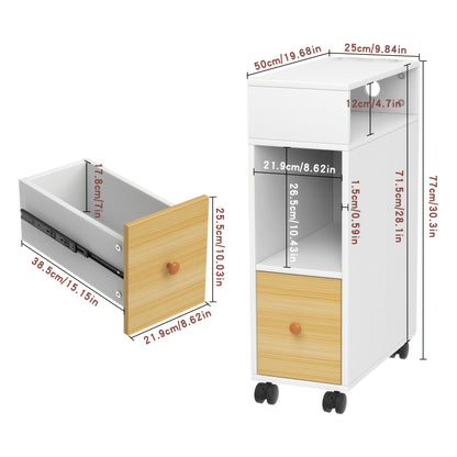 Nachtkastje – Bijzettafel – Ladekastje – Opbergkastje – Smal Tafeltje – Set van 2 – Met Lade en Open Plank – Met Wieltjes – 50x25x70 cm – Hout en MDF