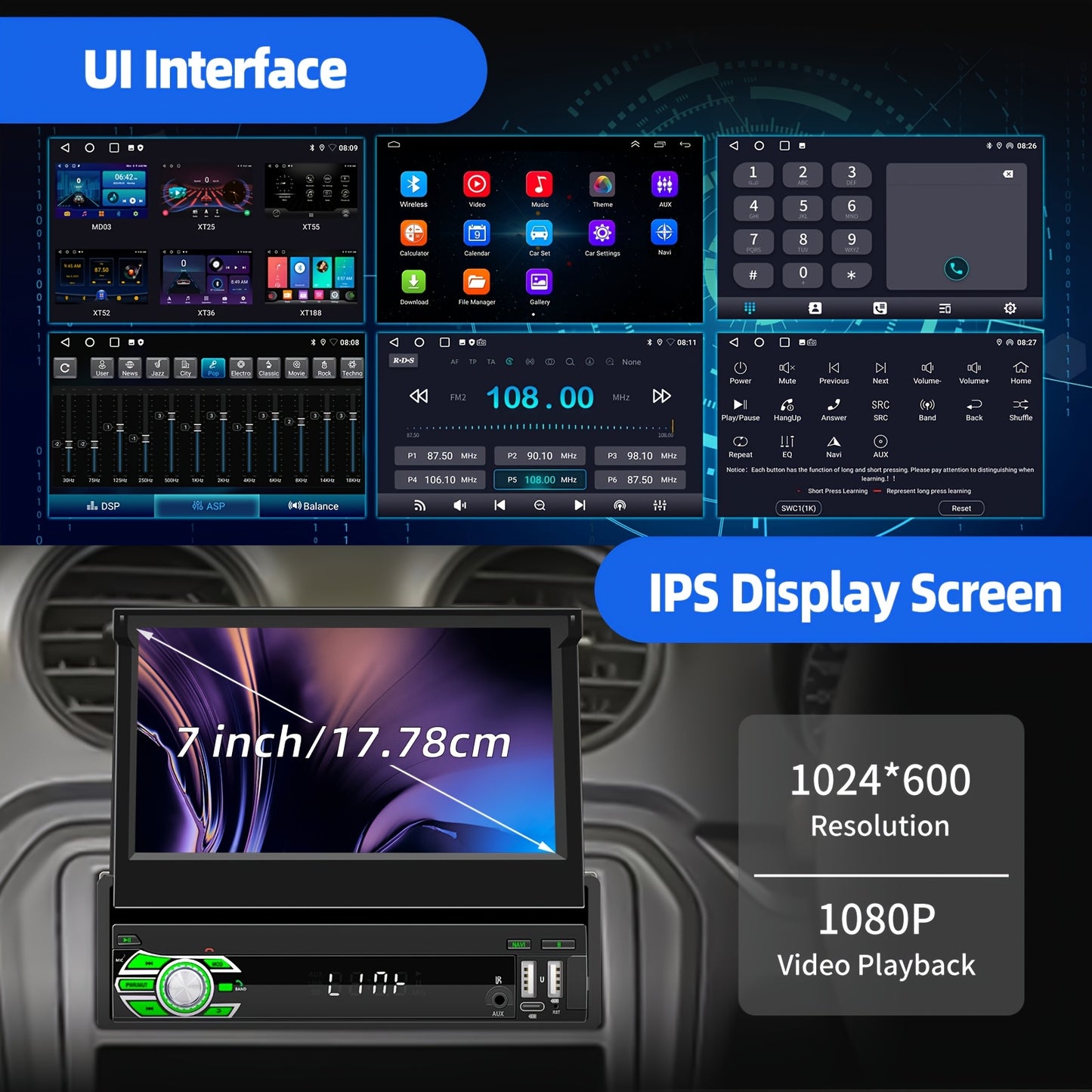 Autoradio – Multimedia Radio – Auto Stereo – DAB+ Radio – 1 DIN Unit – 7 Inch Flip-Out Touchscreen – Android 15 Met 4GB RAM & 64GB Opslag