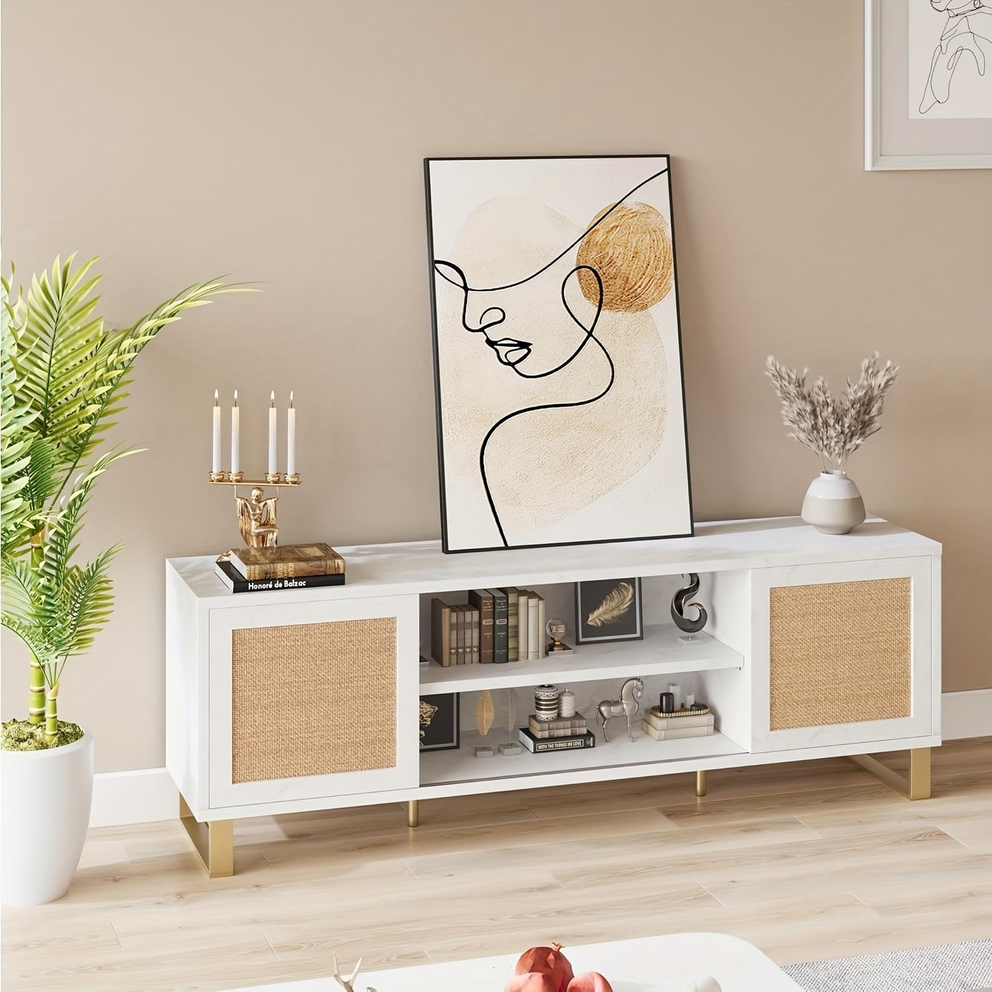 TV-meubel – Tv Kast – Mediameubel – Tv Meubel – Tv Dressoir – Wit Rattan Accent – Geschikt Voor 65 Inch TV – Verstelbare Planken – Duurzame MDF Constructie