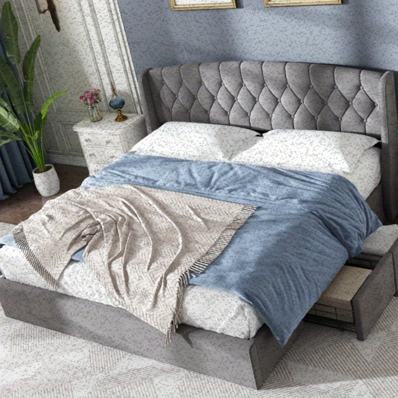 Bedframe – Stoffen Bed – Tweepersoonsbed – Opbergbed – Slaapbank – 180x200 cm – Met 4 Opberglades – Stevige Draadbodem