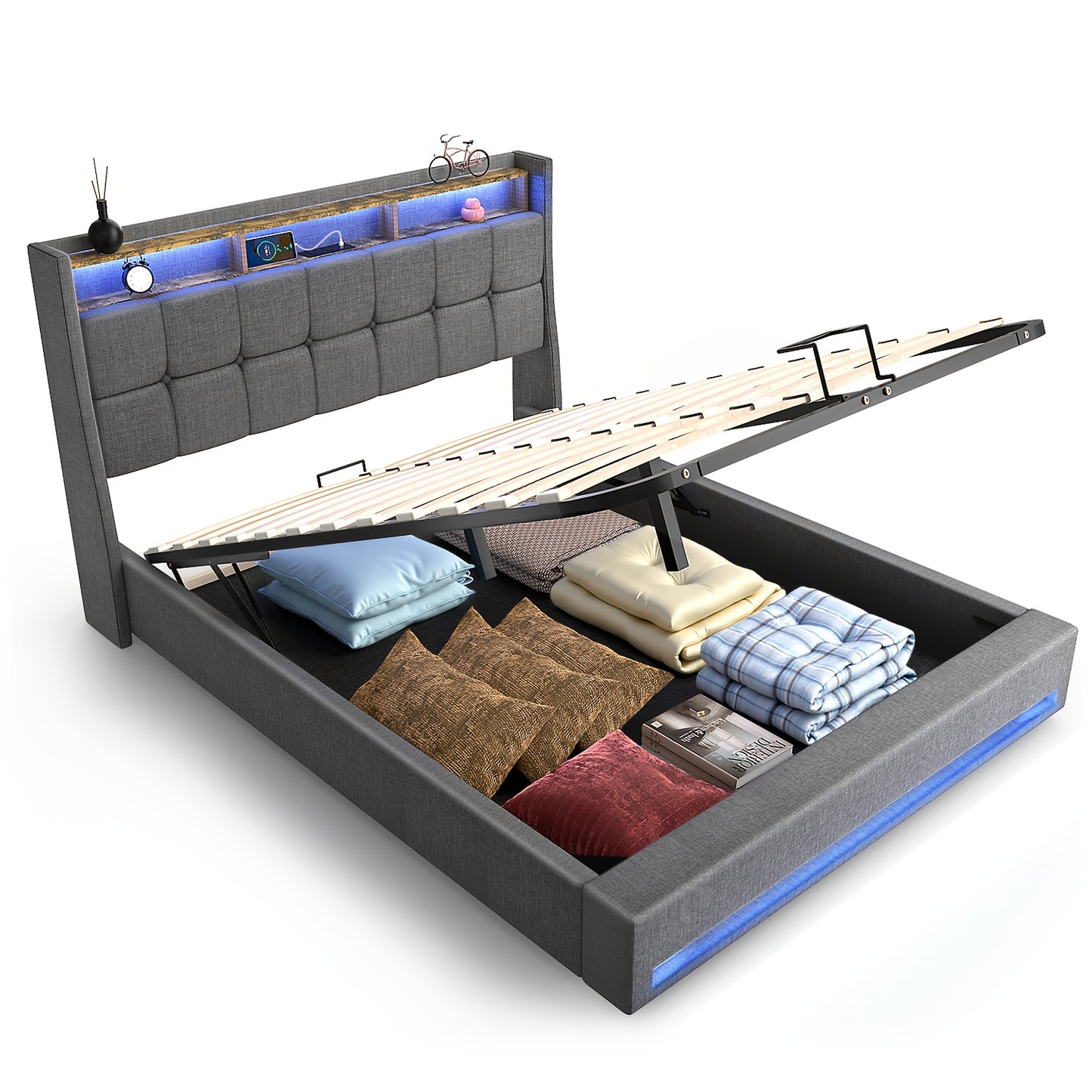 Tweepersoonsbed – Opbergbed – Bedframe – Gasliftbed – Bed Met LED-Verlichting – 140x200 cm – Hydraulische Opbergruimte – Grijs Linnen Bekleed