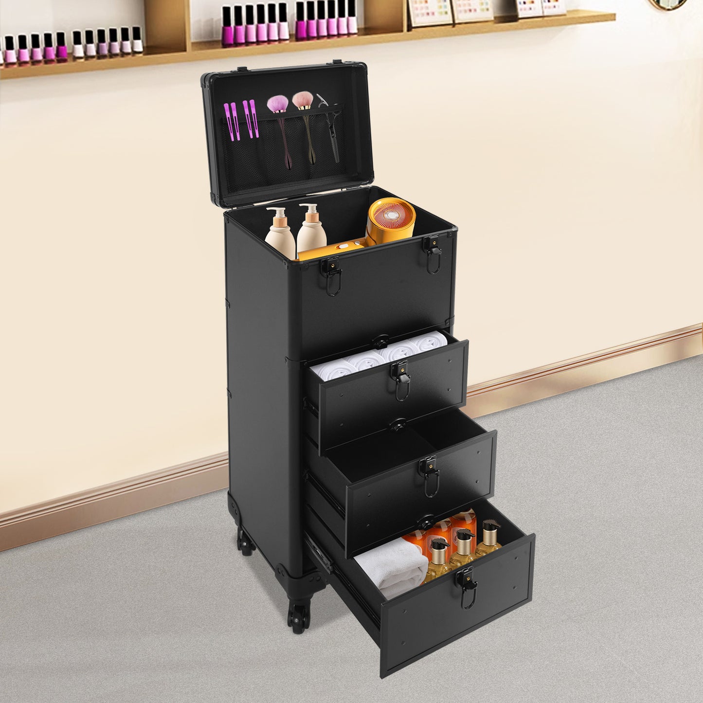 Make-up Koffer – Make-up Organizer – Beautycase – Cosmetica Koffer – Visagiekoffer – Grote Capaciteit – Duurzaam Aluminium Alloy – Met Slot – Mobiel met Wieltjes – Zwart Glanzend