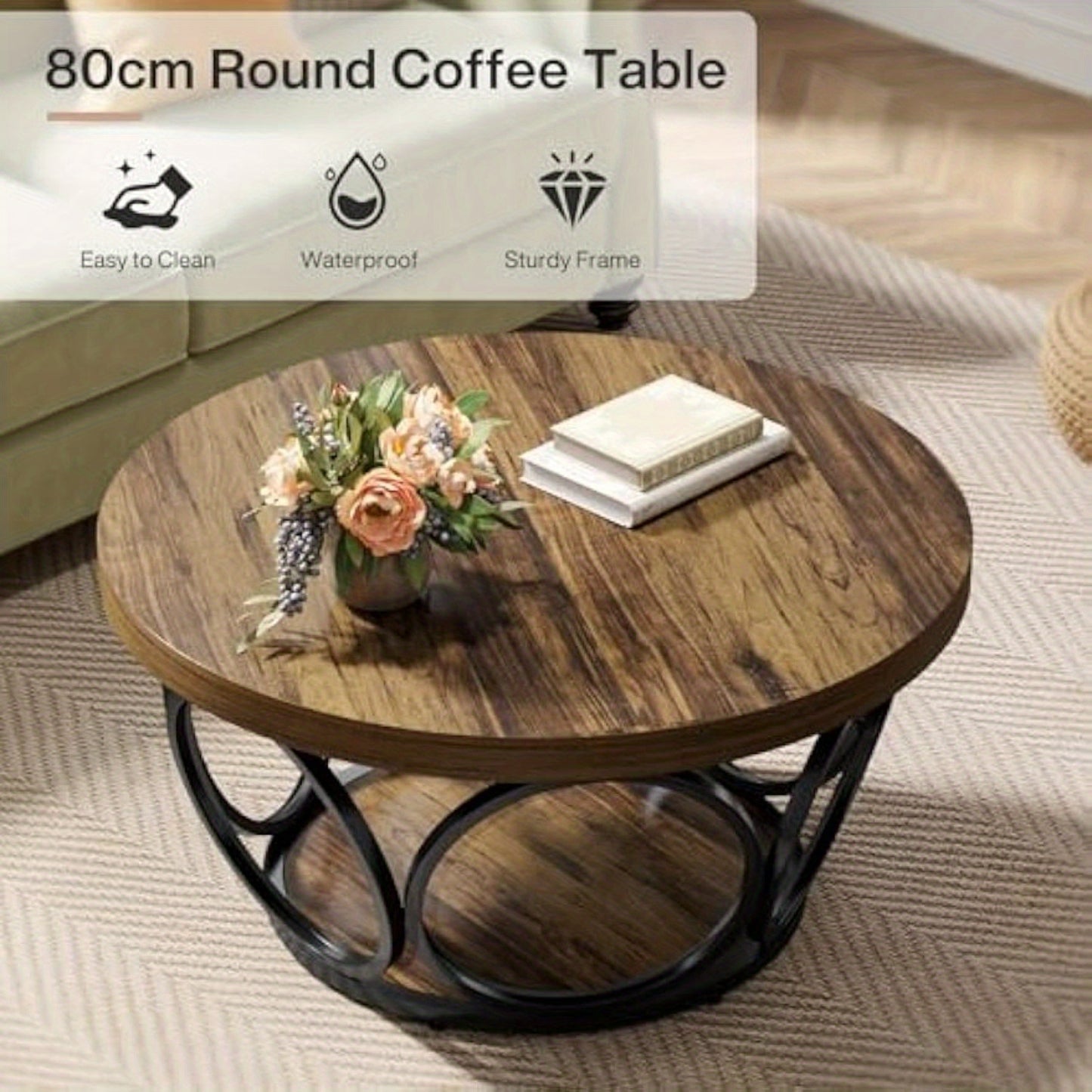 BYBLIGHT Industrial Round Coffee Table - 80cm Rustic Brown Wood & Metal Frame, Thickened Engineered Wood Top, Space-Saving Design, Easy Assembly, Contemporary Style for Living Room, Bedroom, Office - Durable & Stylish Furnitu
