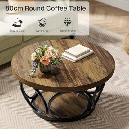 BYBLIGHT Industrial Round Coffee Table - 80cm Rustic Brown Wood & Metal Frame, Thickened Engineered Wood Top, Space-Saving Design, Easy Assembly, Contemporary Style for Living Room, Bedroom, Office - Durable & Stylish Furnitu