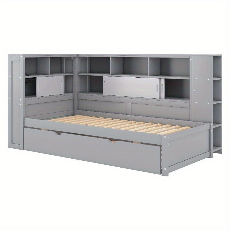 Daybed Grijs – Bedbank – Slaapbank – Logeerbed – Kinderbed – Met Uitschuifbaar Bed – Opbergruimte – 90x200 & 90x190 cm – Zonder Matras