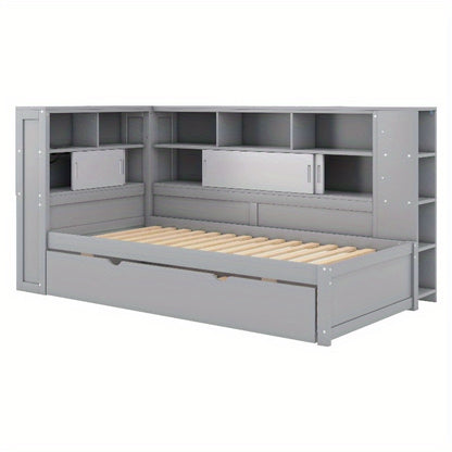Daybed Grijs – Bedbank – Slaapbank – Logeerbed – Kinderbed – Met Uitschuifbaar Bed – Opbergruimte – 90x200 & 90x190 cm – Zonder Matras