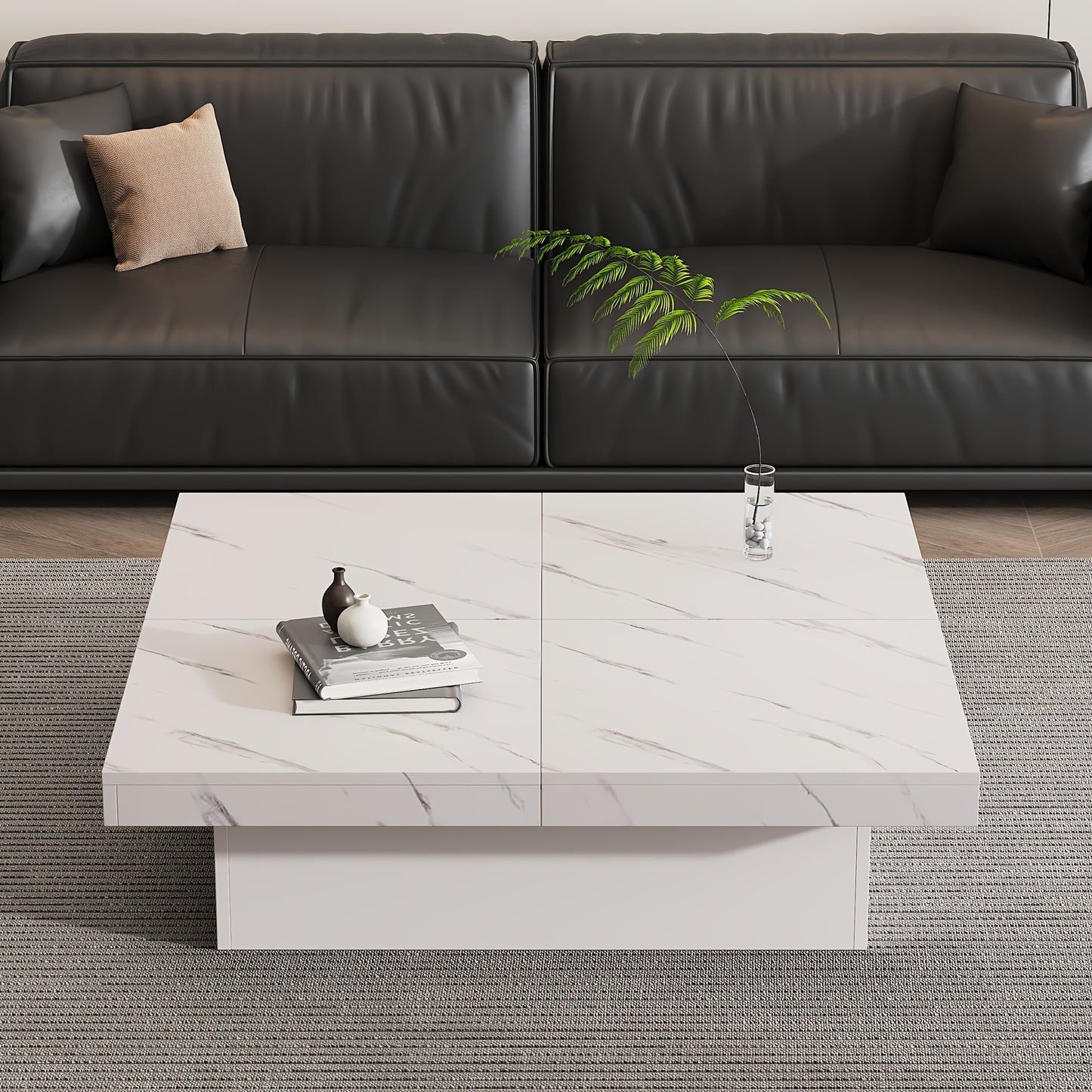 Modern White Square Coffee Table with Marble Texture, Size 90 X 90 X 25cm, Equipped with Four Drawers, Sliding Table Top, Load Capacity Up to 30kg,  Contemporary Style, Minimalist Design, Storage Table, Compact Table, Small S