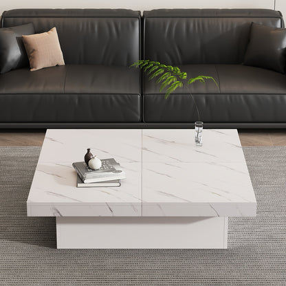 Modern White Square Coffee Table with Marble Texture, Size 90 X 90 X 25cm, Equipped with Four Drawers, Sliding Table Top, Load Capacity Up to 30kg,  Contemporary Style, Minimalist Design, Storage Table, Compact Table, Small S