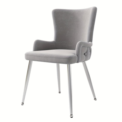 Velvet Dining Chair, Set Of 2, Luxury Living Room Bedroom Lounge Chair with Four Silvery Metal Supporting Legs, Gray