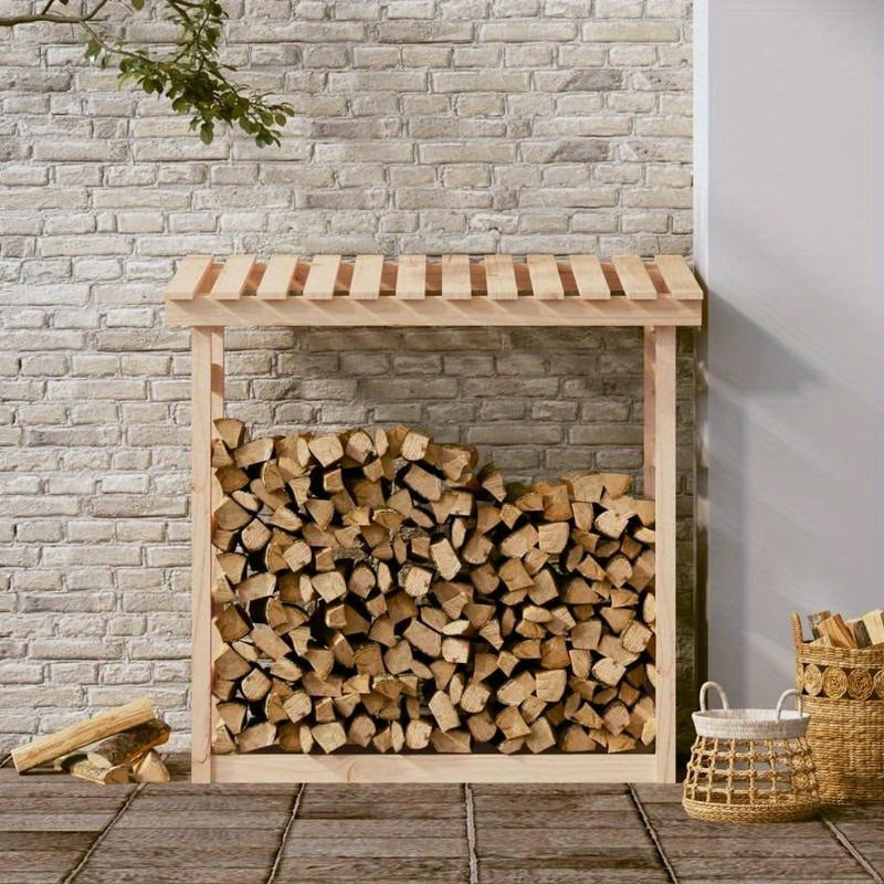 Heavy-Duty 108x64.5x110cm Wooden Firewood Rack - Rustic Outdoor Fireplace with Sturdy Bracket Shelf for Camping, Backyard, Garden & Patio - High-Quality Wood Heating Solution, Fireplace for Outside, Backyard Firebox, Natural