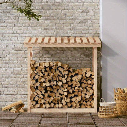 Heavy-Duty 108x64.5x110cm Wooden Firewood Rack - Rustic Outdoor Fireplace with Sturdy Bracket Shelf for Camping, Backyard, Garden & Patio - High-Quality Wood Heating Solution, Fireplace for Outside, Backyard Firebox, Natural