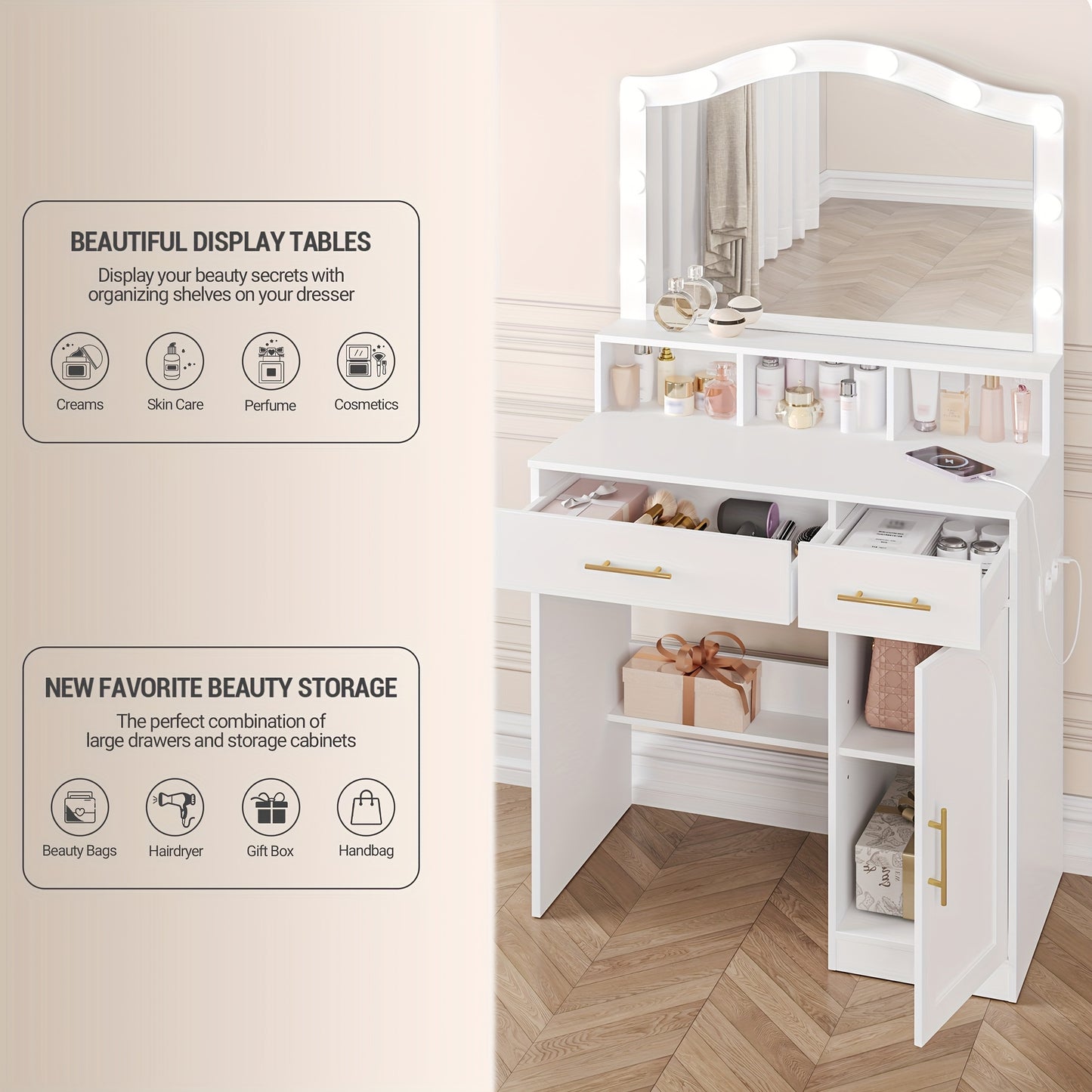 Kaptafel – Make-up Tafel – Cosmeticatafel – Vanity – Opmaaktafel – Wit met Gouden Accenten – Grote HD Spiegel – 2 Laden en Opbergkast