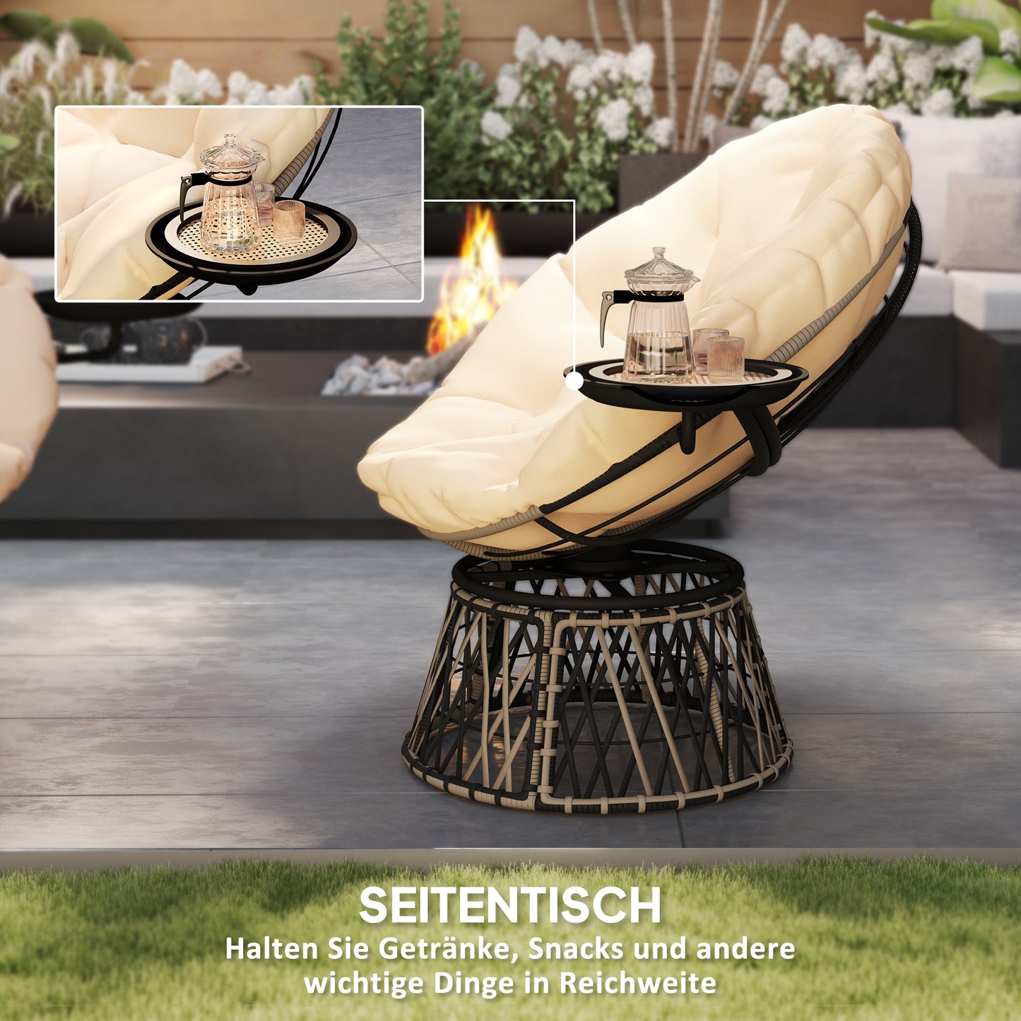 Rattan Fauteuil – Rotan Stoel – Papasan Stoel – Draaifauteuil – Tuinstoel – 360° Draaibaar – Dik Beige Kussen 90 cm Diameter