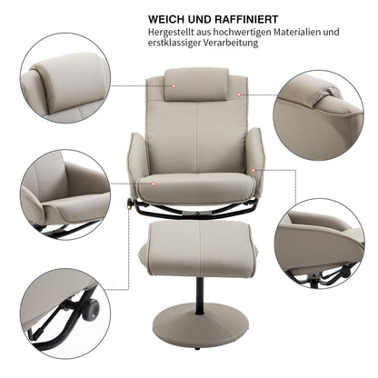 Relaxstoel – TV Stoel – Fauteuil – Draaistoel – Lounge Stoel – Grijs – 360° Draaibaar – Met Voetenbank