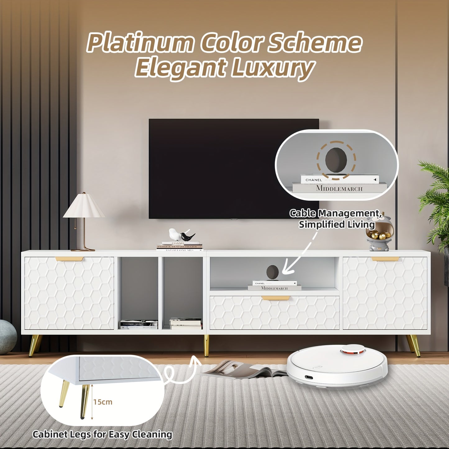 Modern TV Meubel – TV Kast – TV Stand – TV Dressoir – TV Bank – Vertical Design – Geschikt Tot 80 Inch – MDF & Hout – Mat Honingraatdessin – Ruimtebesparend – Met Opbergruimte