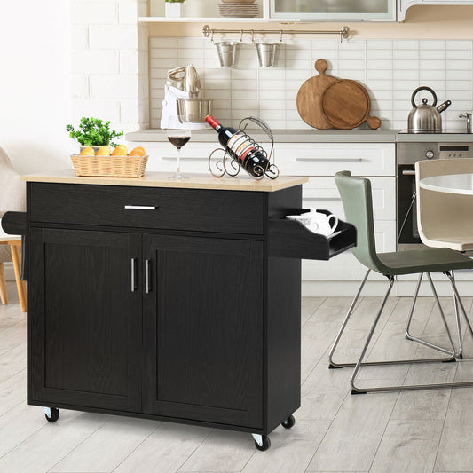 Keukentrolley – Serveerwagen – Keukenkast – Opbergtrolley – Keukenkar – Zwart – Met Handdoekhouder en Kruidenrek – Verstelbare Plank en Lade
