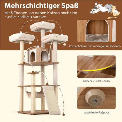 Krabpaal Kat – Krabmeubel – Klimpaal – Speelboom – Activiteitentoren – 168 cm Hoog – Inclusief Hangmat & Speelballen – Beige/Naturel