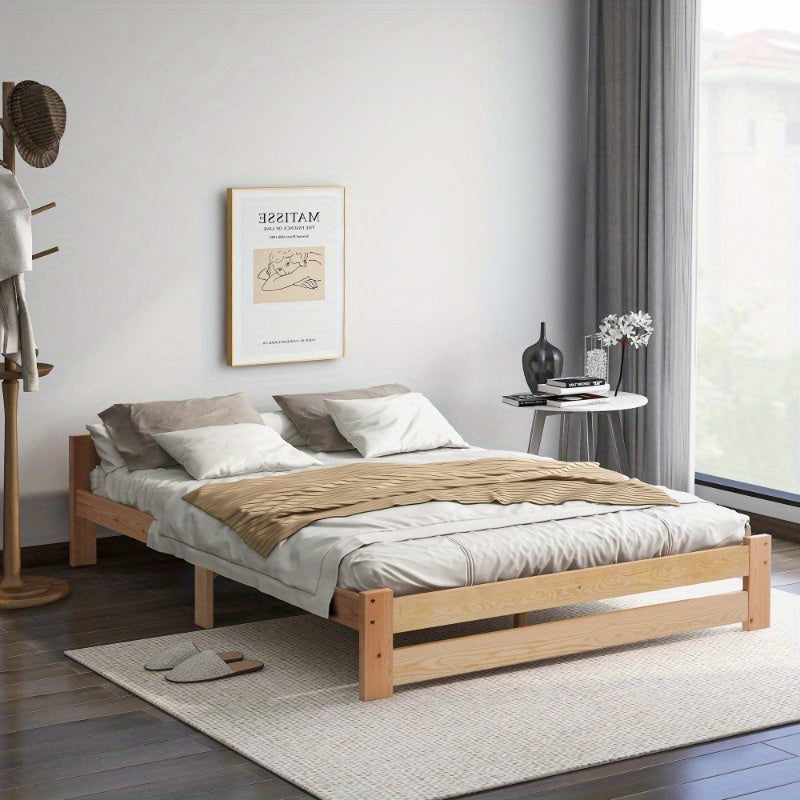 Massief Houten Bedframe – Futon Bed – Platformbed – Slaapbank – Boxspringframe – Met Hoofdbord – Met Lattenbodem – Naturel Afwerking – 200x140 cm Queen Size – Scandinavisch Minimalistisch Design