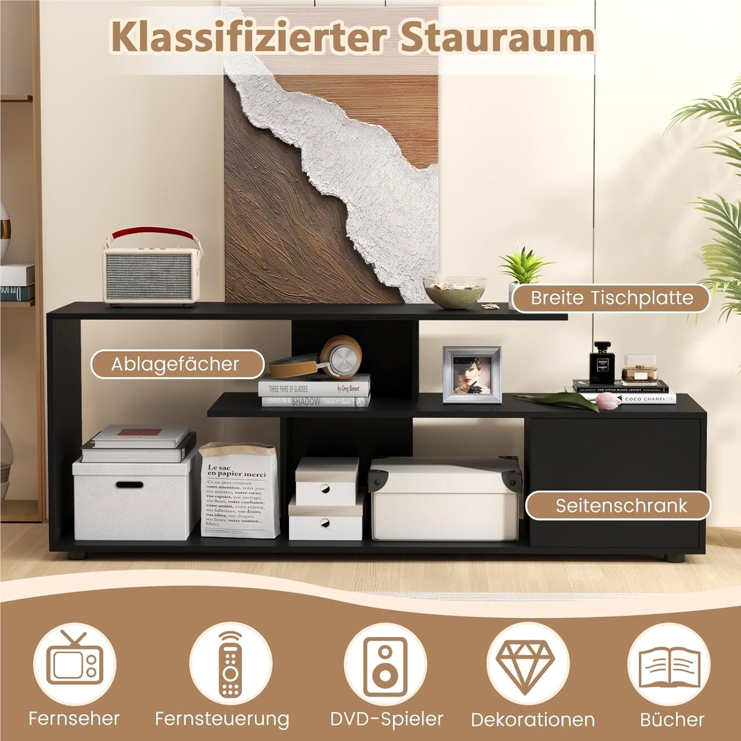 TV-kast – TV-meubel – Lowboard – Tv-dressoir – Tv-meubel zwart – Asymmetrisch ontwerp – Stevige constructie tot 55 inch